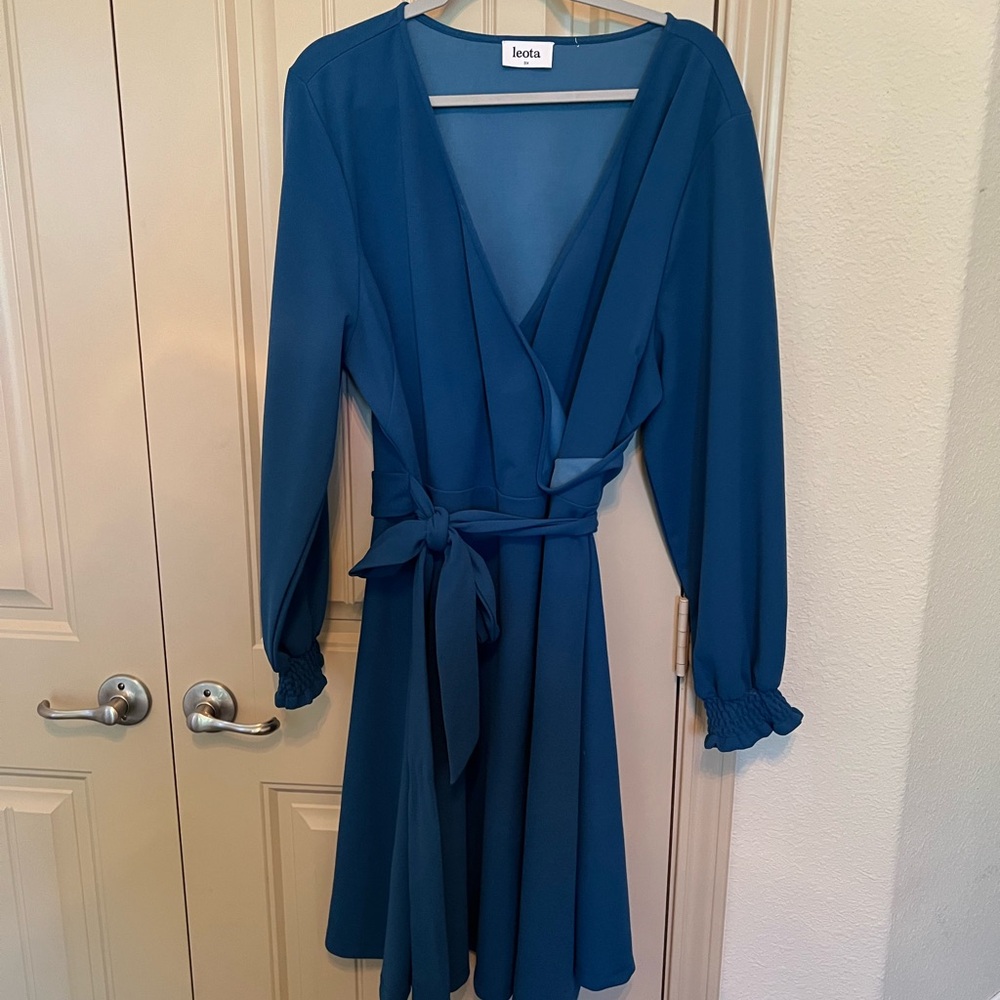 Leota Blue Wrap Sundress with Bishop Sleeves